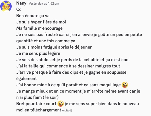 Capture d’écran de témoignage Nany parlant de fatigue réduite, légèreté et changement corporel.